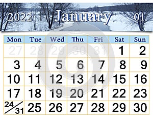 January 2022 Calendar for organizer to plan and reminder on nature background