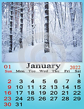 January 2022 Calendar for organizer to plan and reminder on nature background