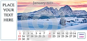 January 2023. Desktop monthly calendar template with place logo and contact information.