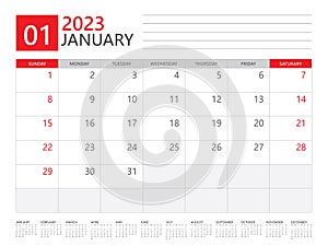 January 2023 year, Calendar planner 2023 and Set of 12 Months, week start on Sunday. Desk calendar 2023 design, calendar desgin