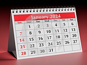 January 2024 calendar. One page of the annual business desk monthly calendar