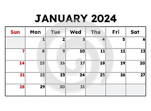 January 2024 calendar. Vector illustration. Monthly planning for your business