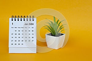 January 2024 desk calendar with potted plant on yellow background.