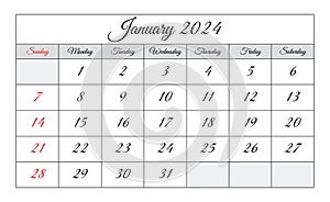 January 2024 ENGLISH month calendar. Vector printable illustration