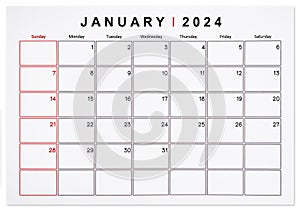 The January 2024 monthly calendar page isolated on white background, Saved clipping path