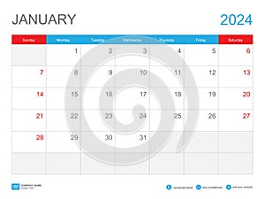 January 2024 template-Calendar 2024 design , Desk Calendar 2024 template, Planner simple, Week starts Sunday, Stationery, Wall