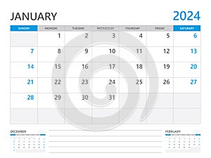 January 2024 year, Calendar planner 2024 and Set of 12 Months, week start on Sunday. Desk calendar 2024 design, simple and clean