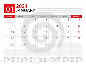 January 2024 year, Calendar planner 2024 and Set of 12 Months, week start on Sunday. Desk calendar 2024 design, simple and clean