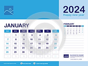 January 2024 year, Calendar planner 2024 and Set of 12 Months, week start on Sunday. Desk calendar 2024 design, simple, Wall