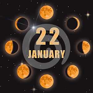 january 22. 22th day of month, calendar date.Phases of moon on black isolated background. Cycle from new moon to full