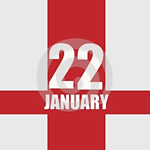 january 22. 22th day of month, calendar date.White numbers and text on red intersecting stripes. Concept of day of year