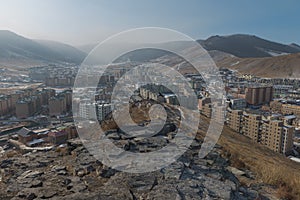 January 25, 2019: aerial view of Ulaanbaatar downtown at sunset seen from Zaisan Hill.