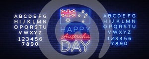 January 26th on Australia Day. Neon sign, luminous banner, bright night advertising. National conceptual greeting card