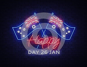 January 26th on Australia Day. Neon sign, luminous banner, bright night advertising, neon billboard. National conceptual