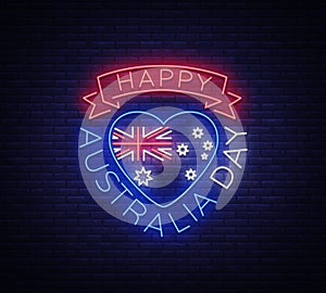 January 26th on Australia Day. Neon sign, luminous banner, bright night advertising, neon billboard. National conceptual