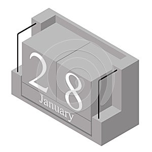 January 28th date on a single day calendar. Gray wood block calendar present date 28 and month January isolated on white