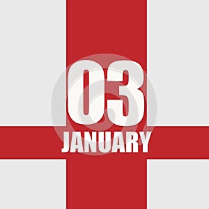 january 3. 3th day of month, calendar date.White numbers and text on red intersecting stripes. Concept of day of year