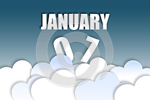 january 7th. Day 7 of month,Month name and date floating in the air on beautiful blue sky background with fluffy clouds. winter