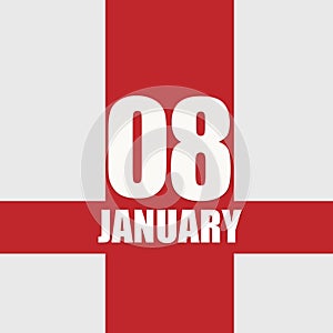 january 8. 8th day of month, calendar date.White numbers and text on red intersecting stripes. Concept of day of year
