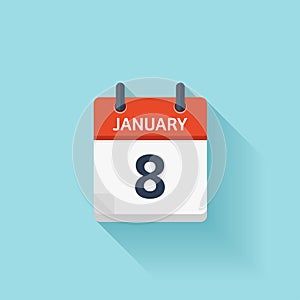 January 8. Vector flat daily calendar icon. Date and time, day, month. Holiday