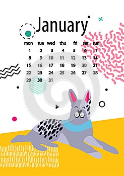 January Calendar for 2018 Year with Calm Doberman
