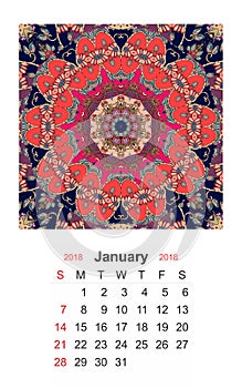 January. Calendar for 2018 year on indian ornamental background. Mandala