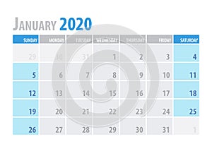 January. Calendar Planner 2020 in clean minimal table simple style. Vector illustration.