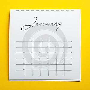 January calendar on yellow background, top view