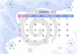 January month. Business calendar 2023 year. Calendar layout. The week starts on Sunday. Horizontal