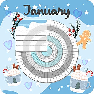 January monthly planner, weekly planner, habit tracker template and example. Template for agenda, schedule, planners, checklists,