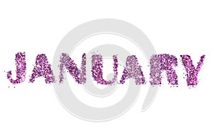 January, name of the winter month of purple glitter isolated on white background