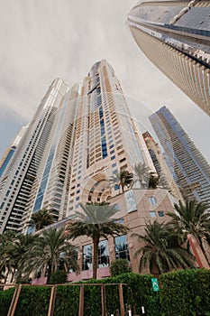 January 02, 2019 . Panoramic view with modern skyscrapers and water pier of Dubai Marina , United Arab Emirates