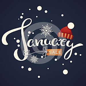 January sale, knitted hat and snowflakes lettering composition