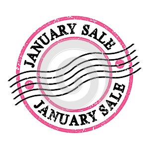 JANUARY SALE, text on pink-black grungy postal stamp