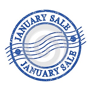 JANUARY SALE, text written on blue postal stamp