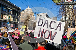 `Daca now` sign carried by a participant at the Women`s March