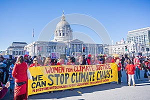 January 20, 2018 San Francisco / CA / USA - `Stop climate change` banner displayed at the rally taking place in the Civic Center P