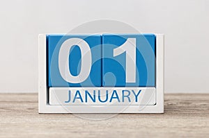 January 1st. Day 1 of january month, calendar on light background. Happy New year, Winter time