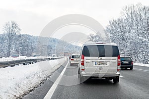 January 12th, 2019 - Salzburg, Austria: Winter highway with many different cars stucked in traffic jam due ti bad