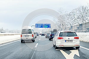 January 12th, 2019 - Salzburg, Austria: Winter highway with many different cars stucked in traffic jam due ti bad