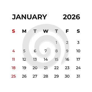 January 2026 vector calendar grid
