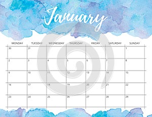 January watercolor calendar.