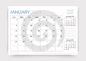 January 2023 year calendar. Desk monthly planner template. Vector illustration photo