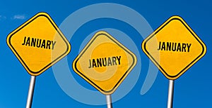 January - yellow signs with blue sky