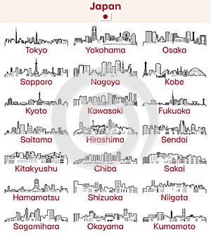 Japaese cities outline skylines vector set
