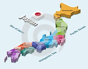 Japan 3d (isometric) map colored by regions on light blue background