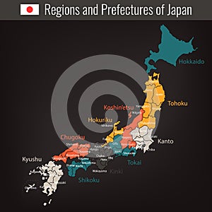 Japan administrative map. Regions and prefectures. Vector