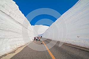 The japan alps or the snow mountains wall of Tateyama Kurobe alpine in sunshine day with blue sky background is one of the