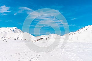 The japan alps  Tateyama Kurobe alpine  in sunshine day with  blue sky background is one of the most important and popular natural