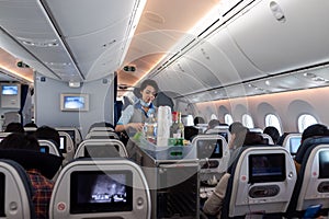 TOKYO, JAPAN - FEBRUARY 6, 2019: Japan ANA Airlines and Boeing 787 Dreamliner interior